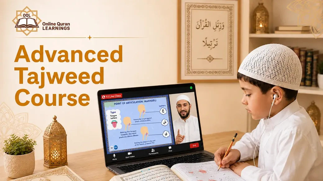 Muslim student attending advanced online Tajweed classes