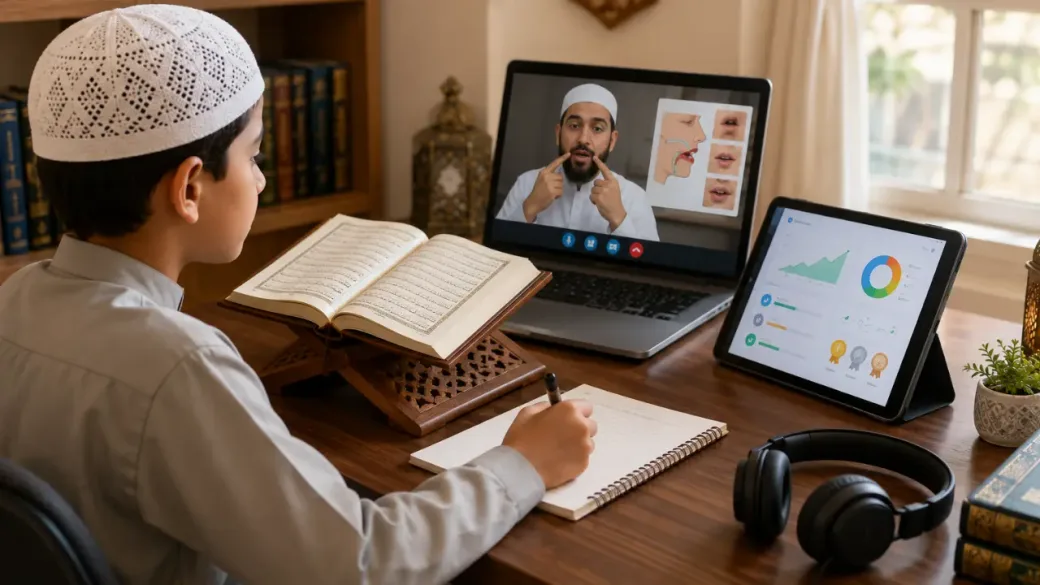 A child reading from an open mushaf in a live one-to-one online class while the tutor demonstrates an articulation point on screen.