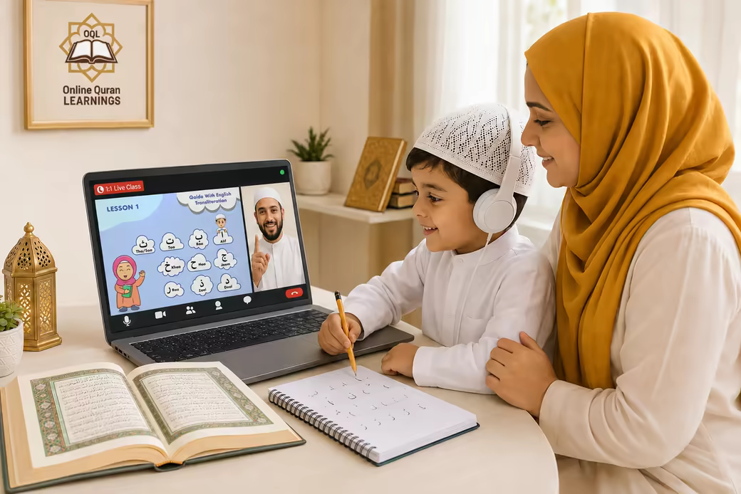 A child in a live one-to-one online Quran class with a male tutor on screen and a parent sitting beside them.