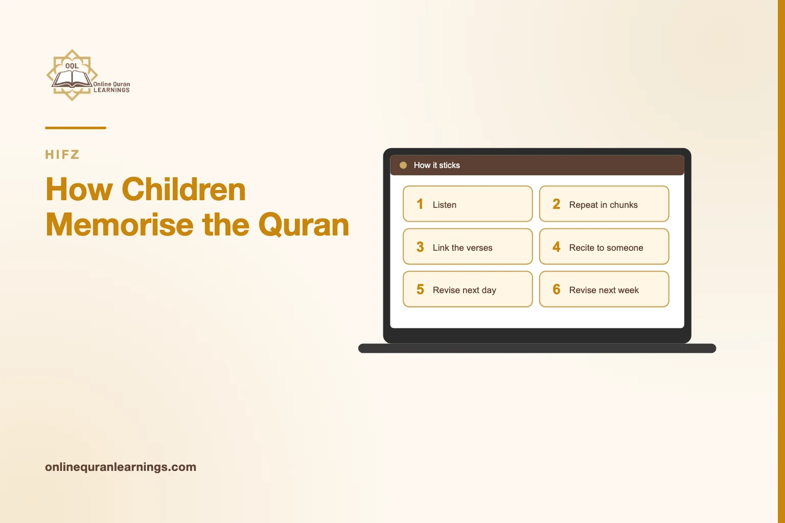 Illustrated card "How Children Memorise the Quran" with a laptop screen titled "How it sticks" showing a list: Listen, Repeat in chunks, Link the verses, Recite to someone, Revise next day, Revise next week