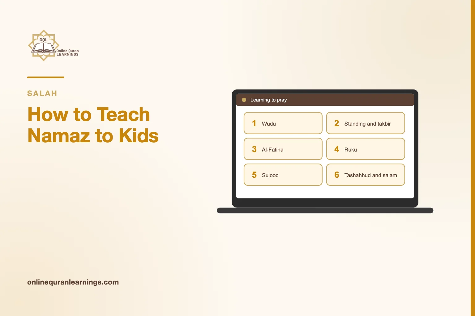 Illustrated card "How to Teach Namaz to Kids" with a laptop screen titled "Learning to pray" showing a list: Wudu, Standing and takbir, Al-Fatiha, Ruku, Sujood, Tashahhud and salam