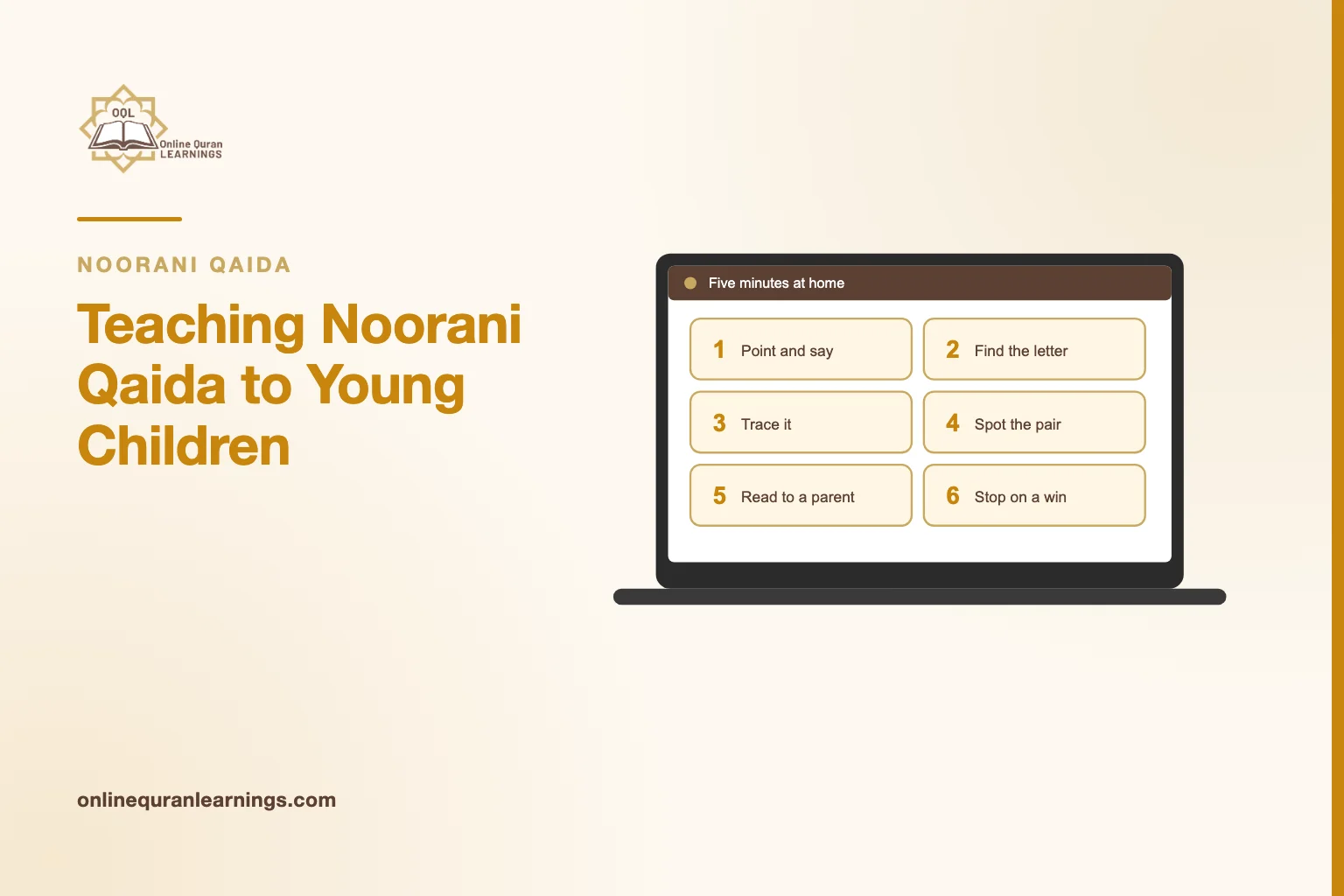 Illustrated card "Teaching Noorani Qaida to Young Children" with a laptop screen titled "Five minutes at home" showing a list: Point and say, Find the letter, Trace it, Spot the pair, Read to a parent, Stop on a win