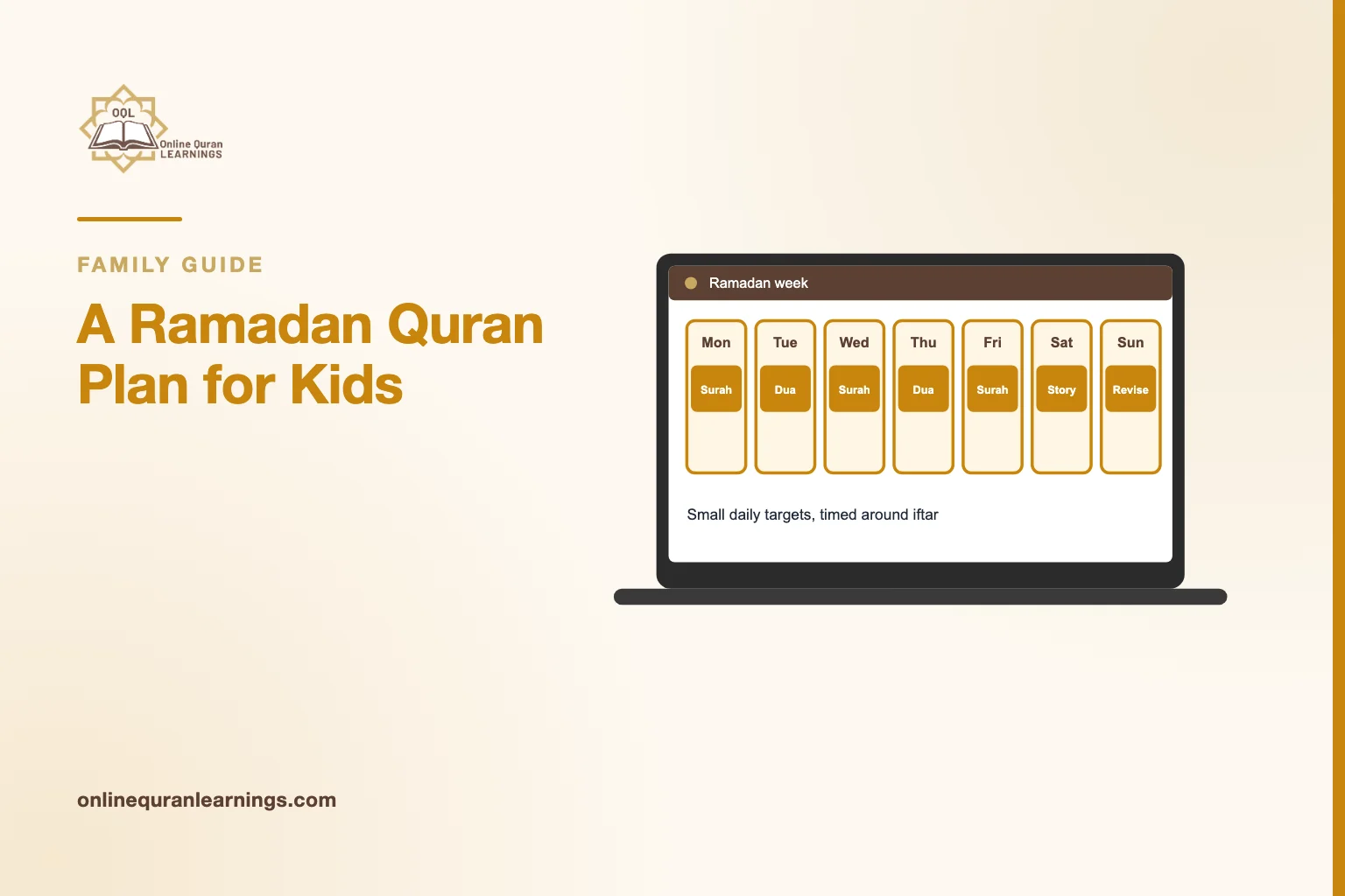 Illustrated card "A Ramadan Quran Plan for Kids" with a laptop screen titled "Ramadan week" showing a week planner marking 7 days, captioned "Small daily targets, timed around iftar"