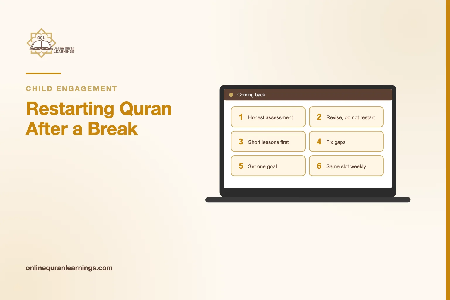 Illustrated card "Restarting Quran After a Break" with a laptop screen titled "Coming back" showing a list: Honest assessment, Revise, do not restart, Short lessons first, Fix gaps, Set one goal, Same slot weekly