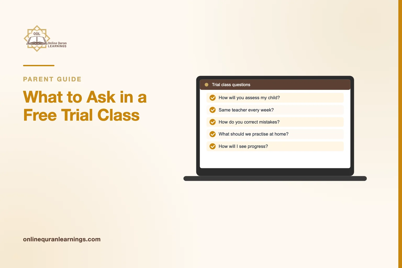 Illustrated card "What to Ask in a Free Trial Class" with a laptop screen titled "Trial class questions" showing a list: How will you assess my child?, Same teacher every week?, How do you correct mistakes?, What should we practise at home?, How will I see progress?