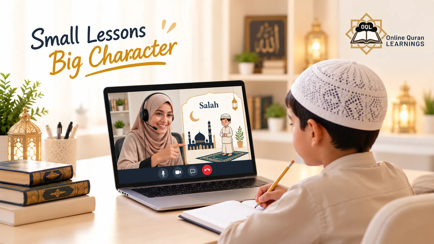 A boy writing in his notebook while a female teacher on his laptop screen explains salah in a live one-to-one lesson