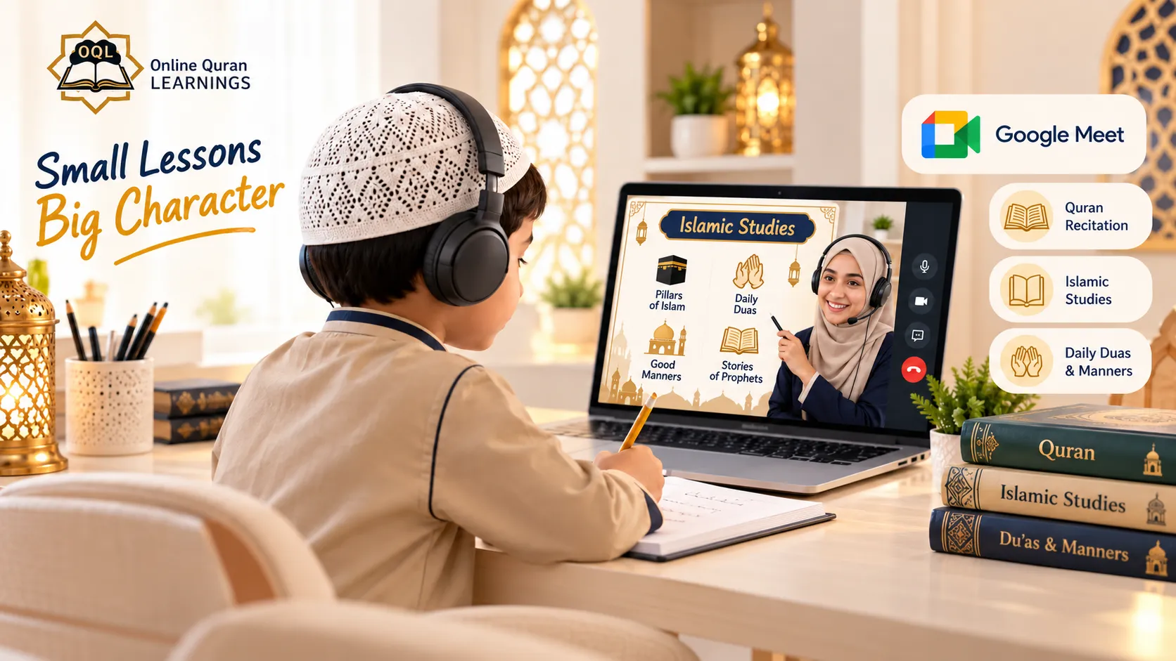 A boy in a kufi and headphones taking notes during a live Islamic Studies lesson with a female teacher, the screen showing the Pillars of Islam, daily duas, good manners and stories of the Prophets