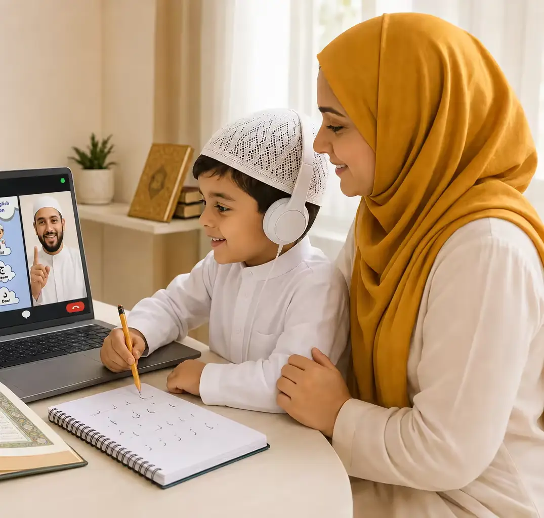A mother sits beside her son during his live online Quran lesson, with the teacher on the laptop screen