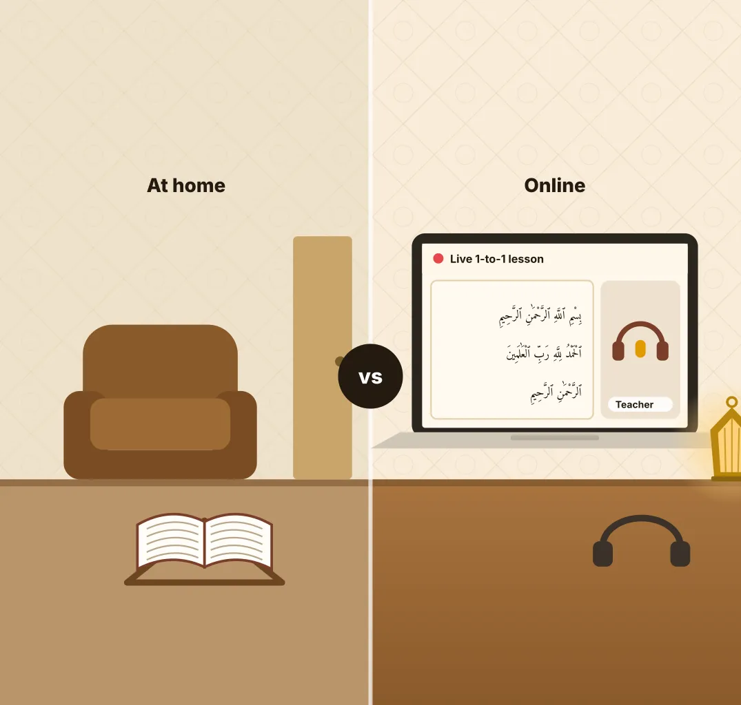 Illustration: an armchair by the front door beside a laptop showing an online Quran lesson