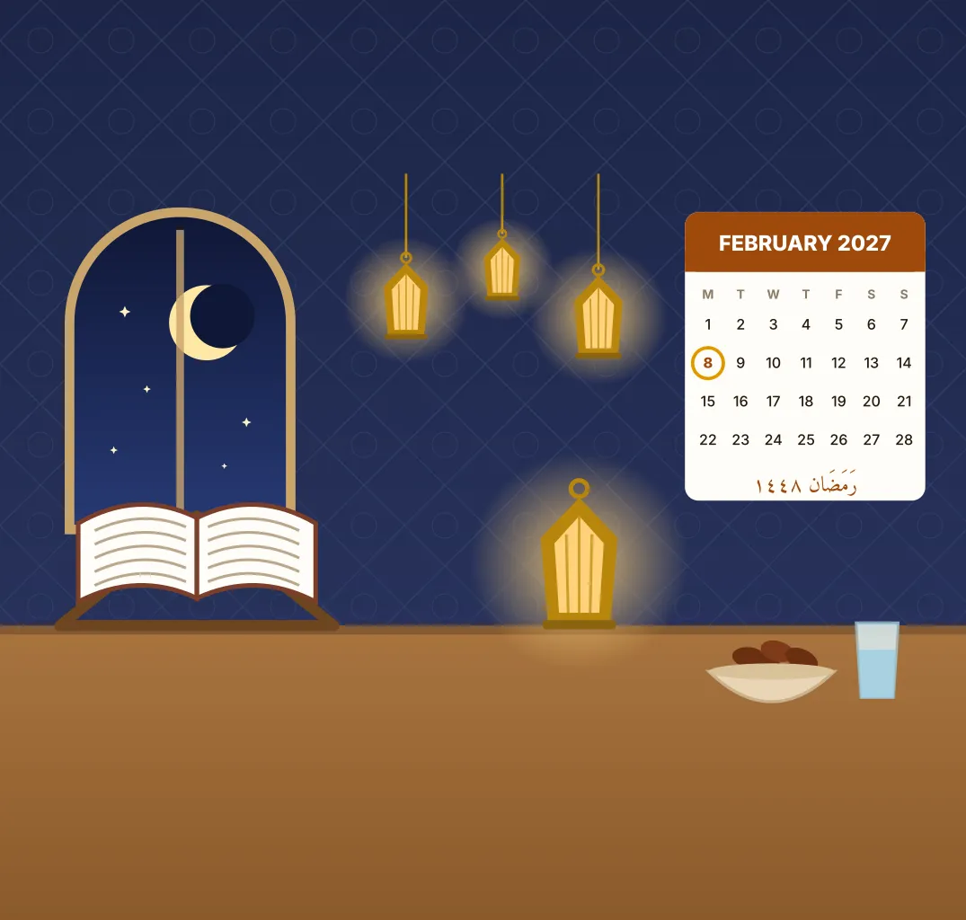 Illustration: a crescent moon and lanterns at a window, with a Ramadan calendar on the wall