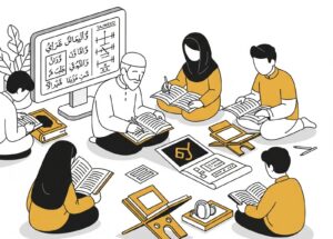 Advance Tajweed Course Cartoon illustration of advanced students learning complex Tajweed rules for Quran mastery.