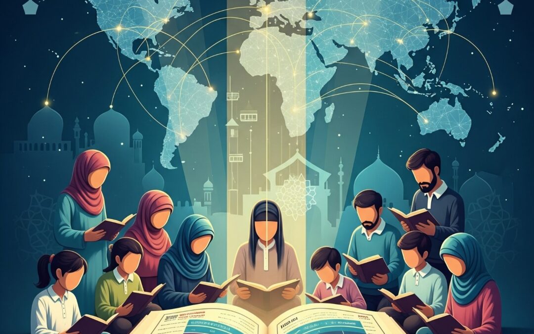 "Illustration of diverse, faceless adults and children from around the world engaging with an open Quran, with visual cues for translation, Tafseer, and global online learning connectivity."