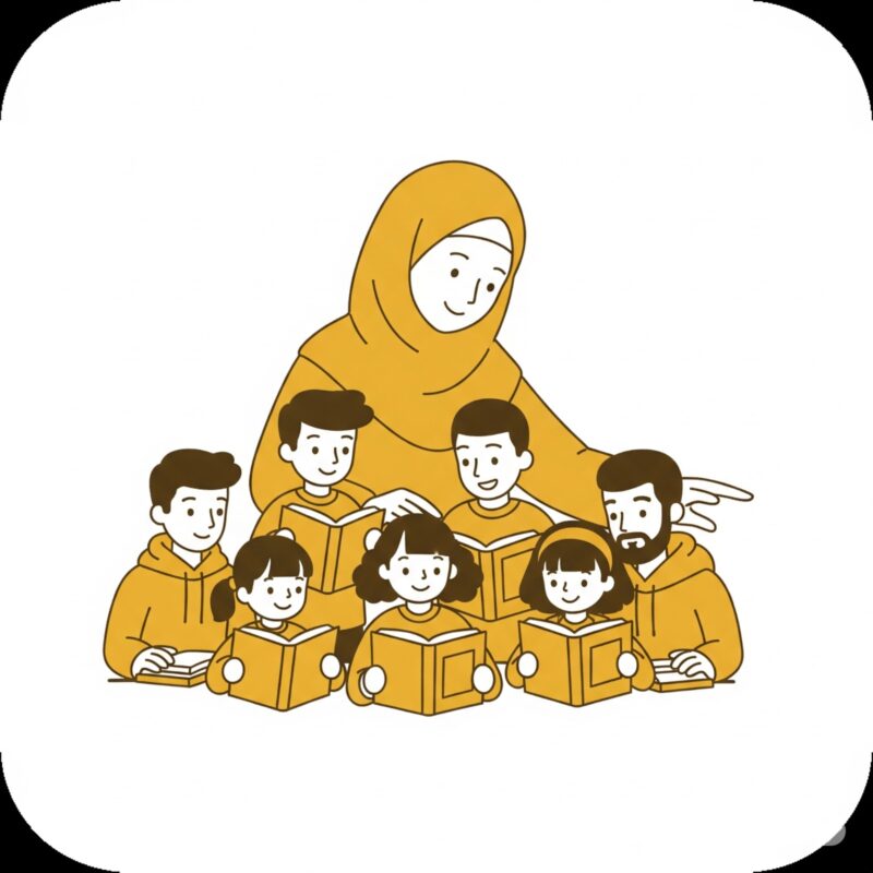 Female Quran Teacher Online female Quran teacher with diverse students (kids, adults) learning from Quran books.