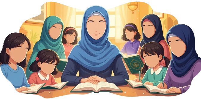 Ideal Female Quran Teacher "Illustration of a faceless female Quran teacher in blue hijab leading a diverse group of faceless female students (adults and children) in Quranic study, conveying comfort and understanding."