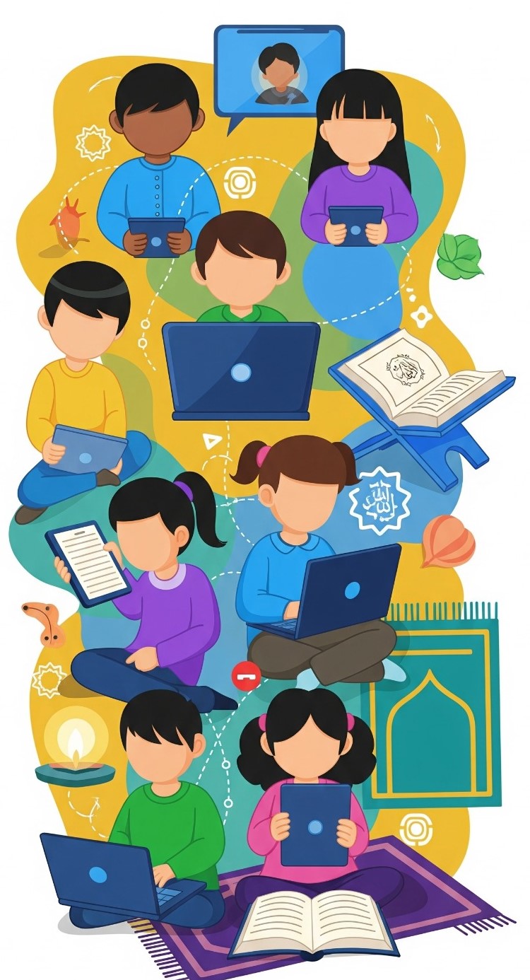 "Vertical illustration of diverse children learning Islamic Studies online, with laptops, tablets, an open Quran, and a prayer mat."