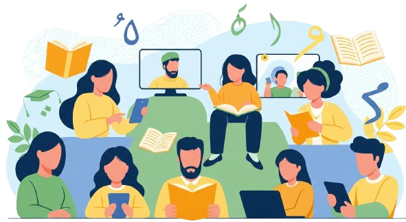 "Illustration of diverse abstract, faceless learners (kids and adults) in an online setting, surrounded by floating Arabic letters and open books, symbolizing online Arabic language education."