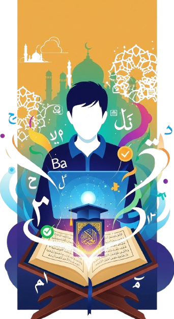 "A vibrant vertical illustration showing a student learning online. A laptop displays an open Quran with a graduation cap, surrounded by Arabic letters and glowing effects, symbolizing mastery in online Tajweed courses."