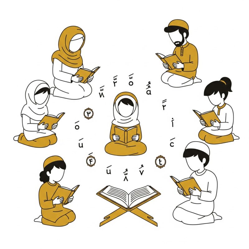Learning Quran with Tajweed Cartoon illustration of diverse students reading Quran with Tajweed, symbolizing accurate recitation.