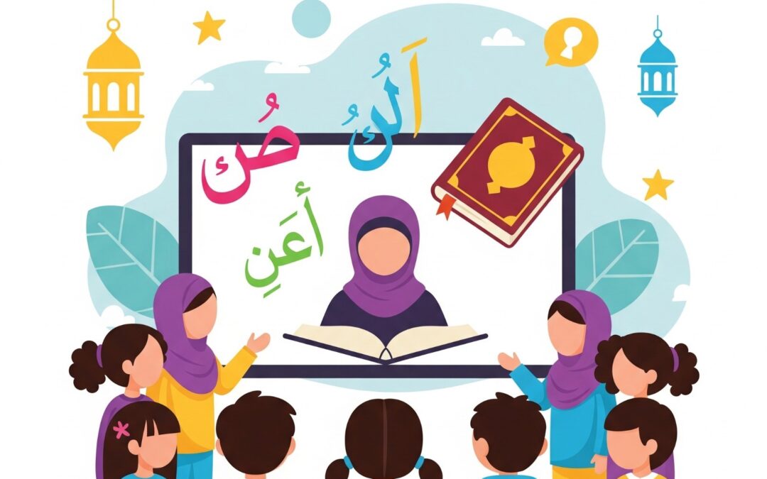Online Quran classes for kids, featuring children learning with a virtual teacher and Arabic letters, ideal for Islamic and Quran education online.