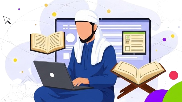 Online Quran Teacher "Vibrant banner illustration of a faceless male Quran teacher in traditional attire using a laptop with an open Quran, symbolizing online Quranic learning in a professional and inviting setting with Islamic patterns."