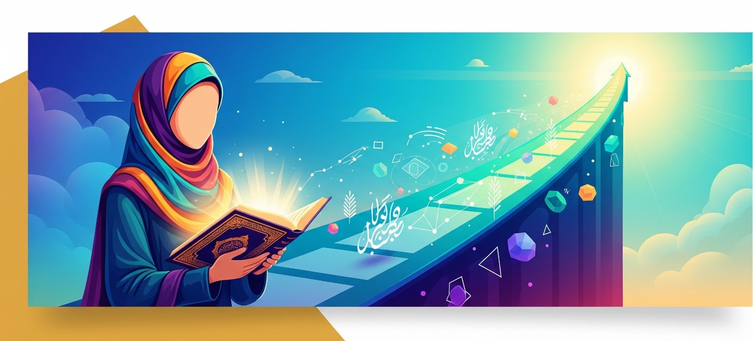 Start your Quran Jpurney "Vibrant banner illustration of a faceless female Quran teacher in hijab holding a glowing Quran, at the start of an ascending path adorned with subtle Arabic letters and digital symbols, leading towards an enlightened horizon, symbolizing a spiritual learning journey."