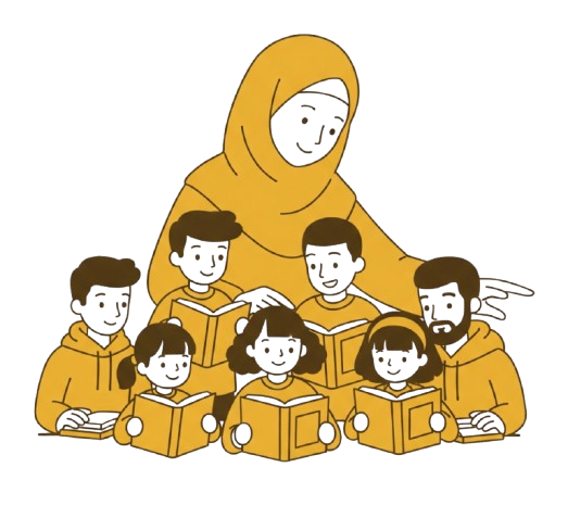 Online female Quran teacher with diverse students (kids, adults) learning from Quran books.
