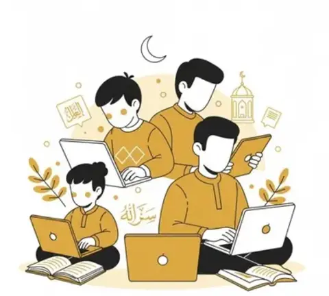 Online Quran Classes Cartoon illustration of diverse adults and children learning Quran online on laptops, in yellow and white.