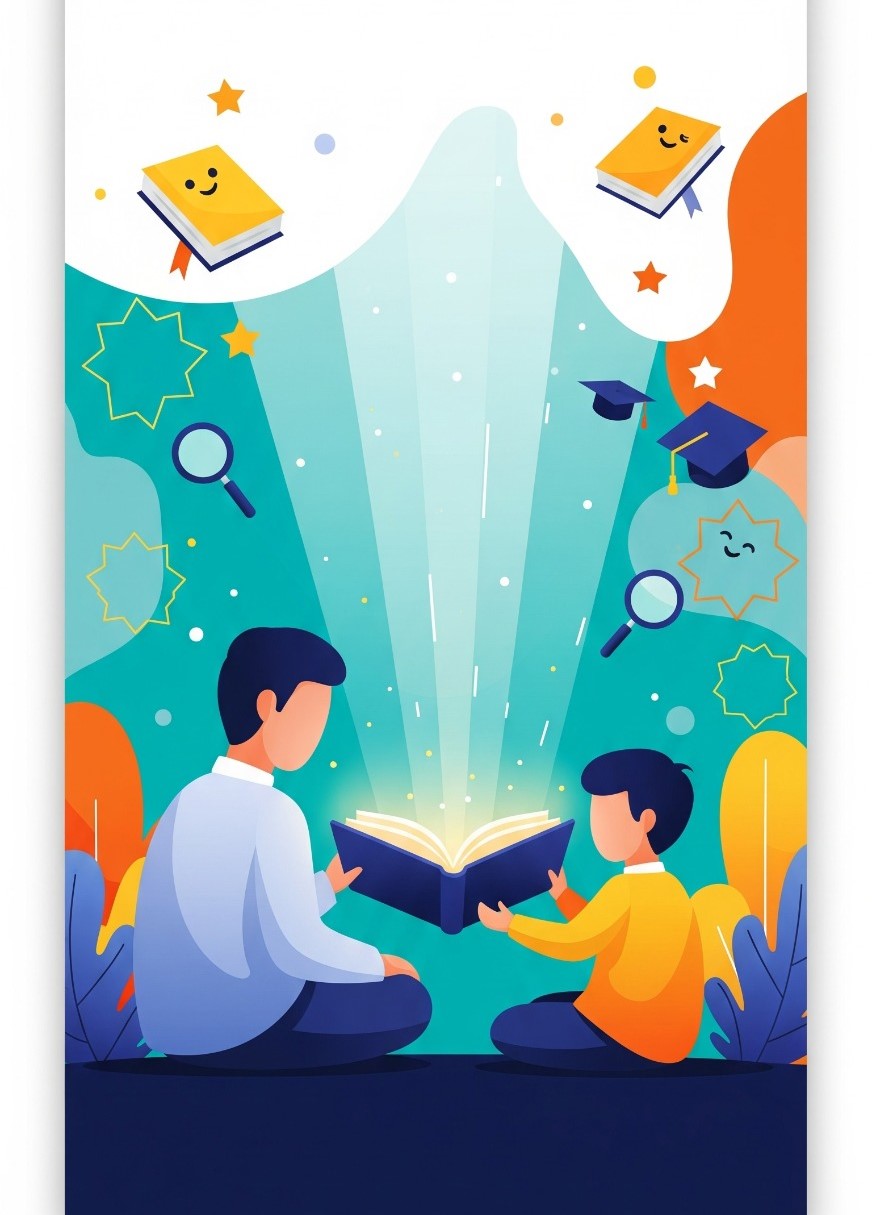 "A vibrant vertical illustration for an online Tafseer course, showing a faceless adult and child sitting together and looking at a glowing Quran on a tablet. A beam of light connects the Quran to their hearts and minds, symbolizing a shared journey of understanding."