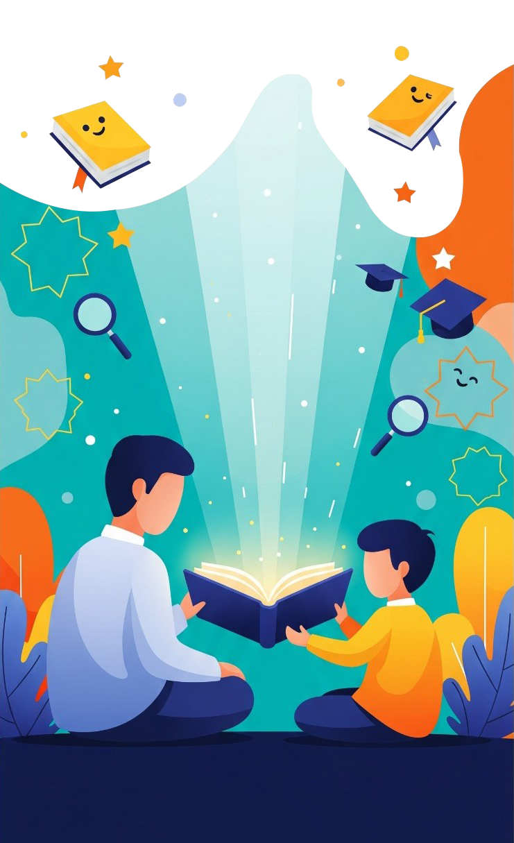 Online-Tafseer-Course "A vibrant vertical illustration for an online Tafseer course, showing a faceless adult and child sitting together and looking at a glowing Quran on a tablet. A beam of light connects the Quran to their hearts and minds, symbolizing a shared journey of understanding."