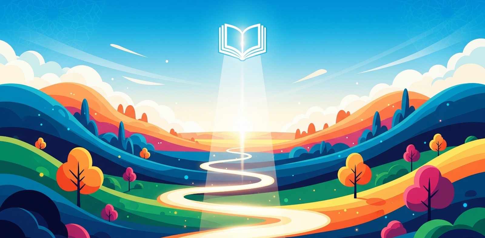 "An abstract banner illustration showing a glowing open Quran floating in the sky, shining a beam of light down onto a winding, luminous path. The path meanders through a vibrant and colorful landscape of stylized hills and trees."