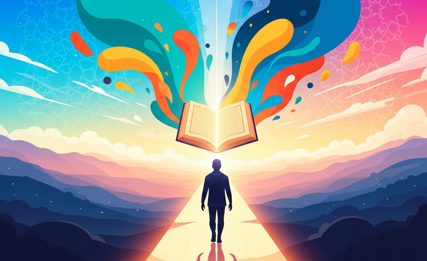 Understanding Quran with Tafseer "A vibrant banner illustration for a blog post about Tafseer, showing a faceless silhouette walking towards a glowing, open Quran book at the center of the horizon. The light from the book radiates in colorful, abstract shapes, symbolizing the clarity and growth that come from understanding the Quran."