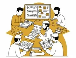 Quran with Tafseer Cartoon illustration of scholars and students deeply engaged in online Quran Tafseer study.