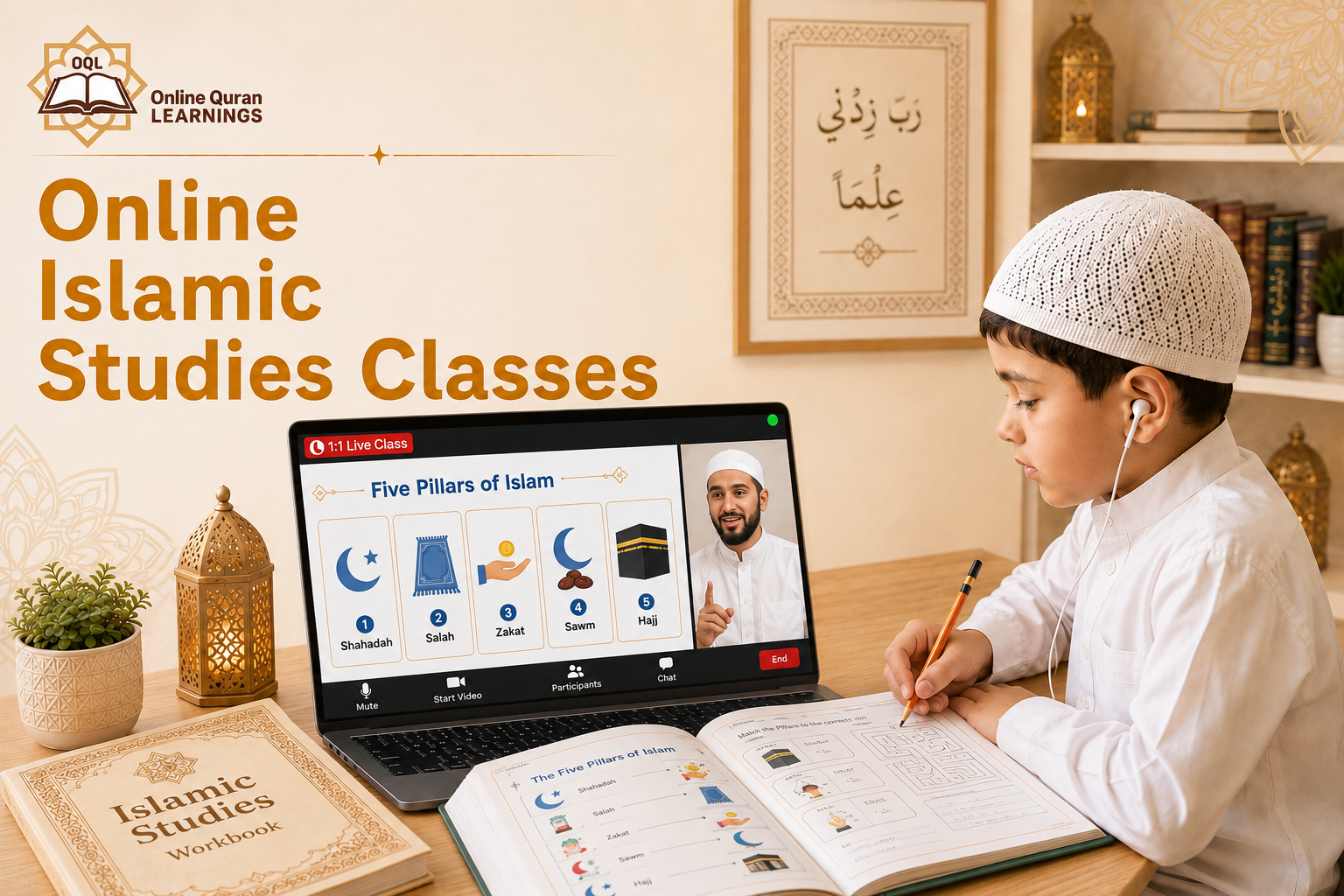 Teacher giving online Islamic Studies classes to a child