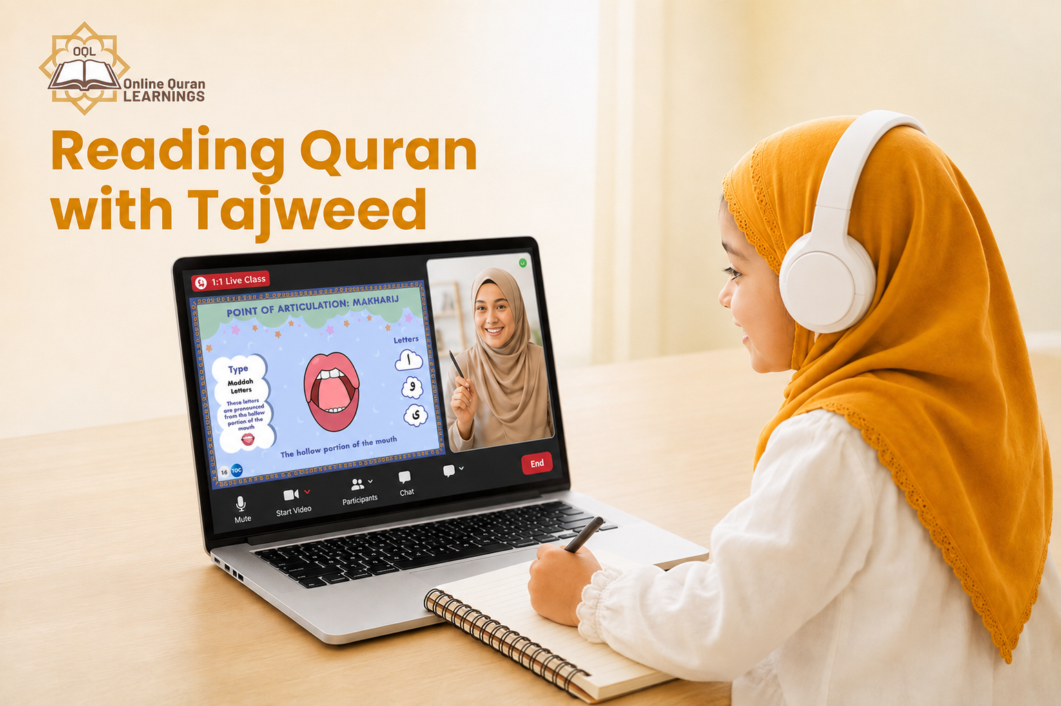 Student learning Quran online with Tajweed in a private class