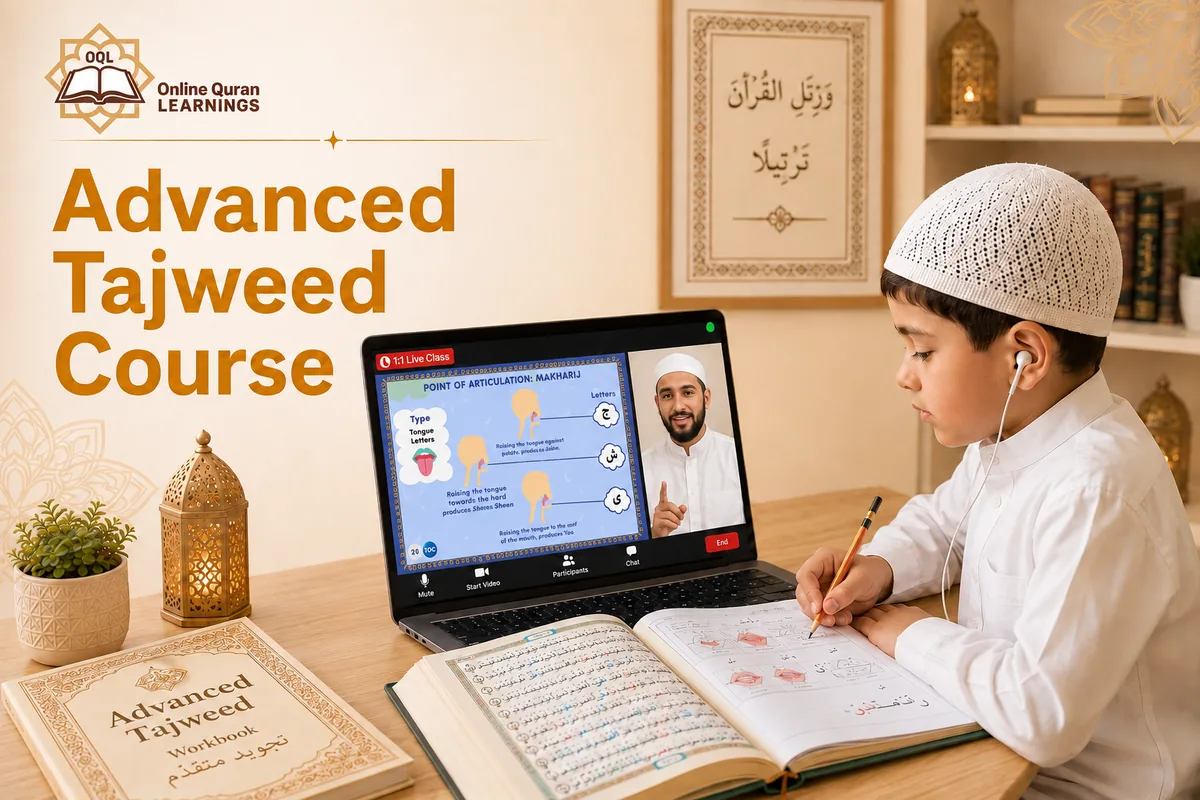 Muslim student attending advanced online Tajweed classes