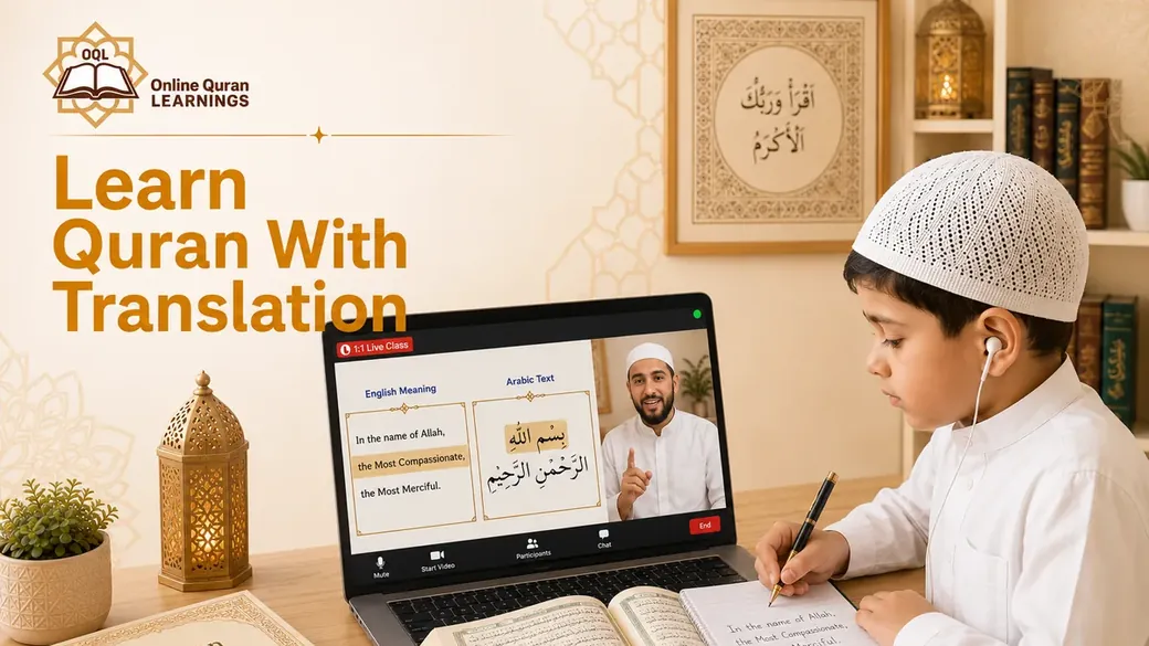 Teacher helping a student learn Quran with translation online